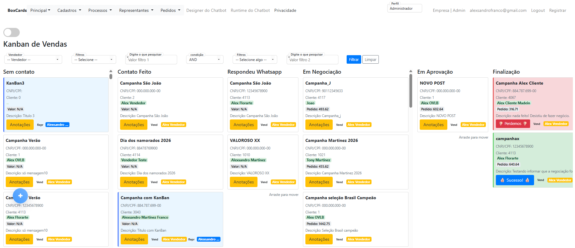 Tela Kanban de vendas do BoxCards